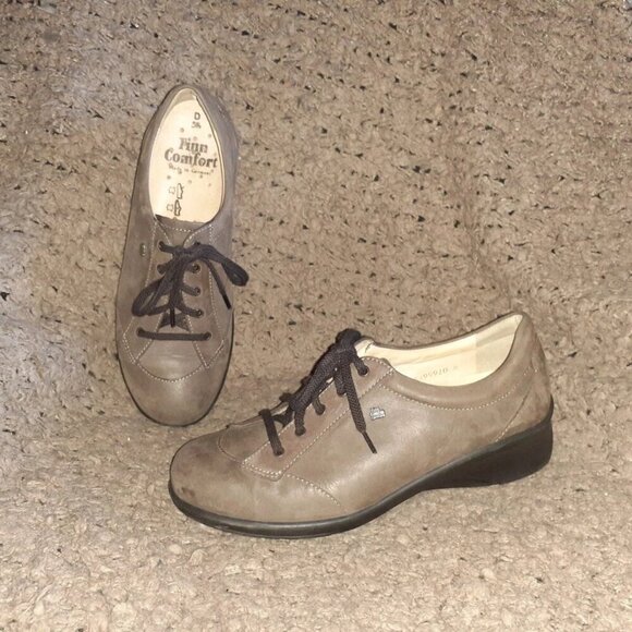 FINN COMFORT-Brown Nubuck Loafers-Lace-Up-Wedge Heel-SZ 5.5 Finn-8 US-Near Mint - Picture 1 of 8